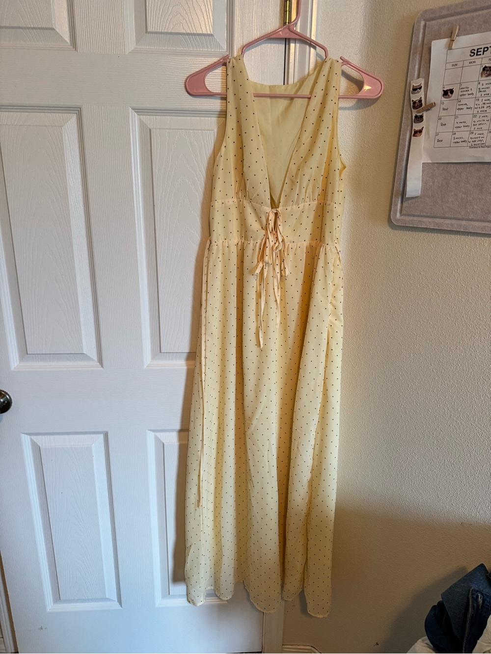 Women’s Yellow Polka Dot Maxi Dress with Tie Front